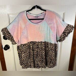 White Birch Short Sleeve Ruffle Leopard Tie Dye Babydoll Blouse Top Size 2X